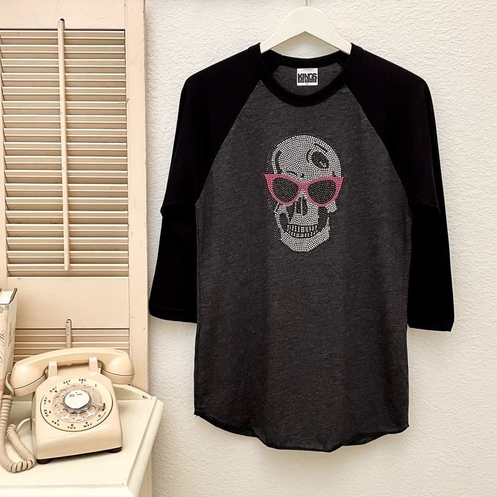 Bling Skull Raglan Sleeve Baseball Tee, Small, Kings of Cole, Gray & Bla…